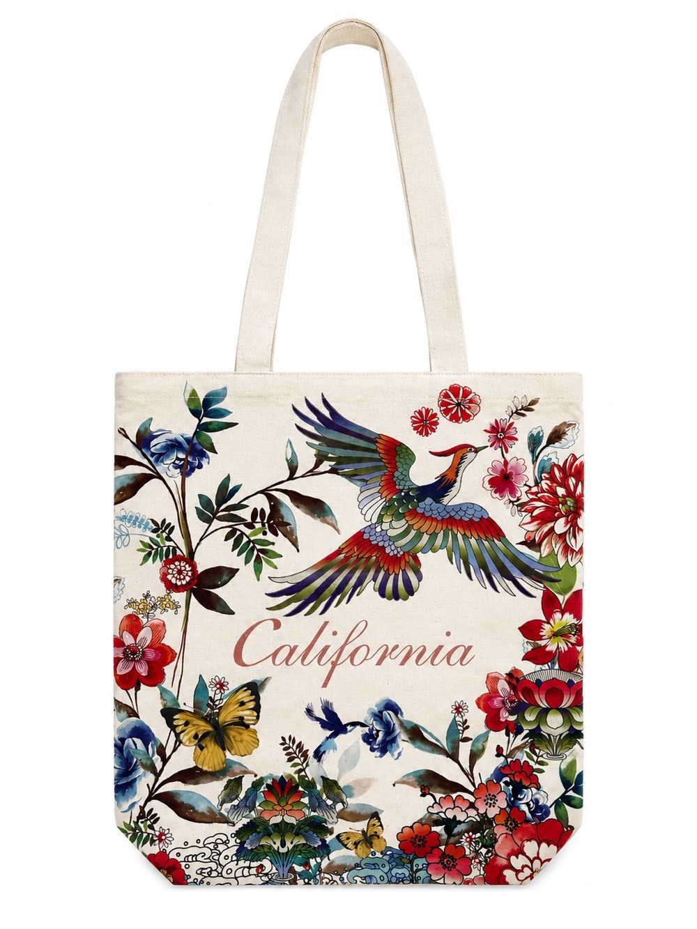 Johnny Was California Canvas Tote Bag Floral with Colorful Bird Print NEW